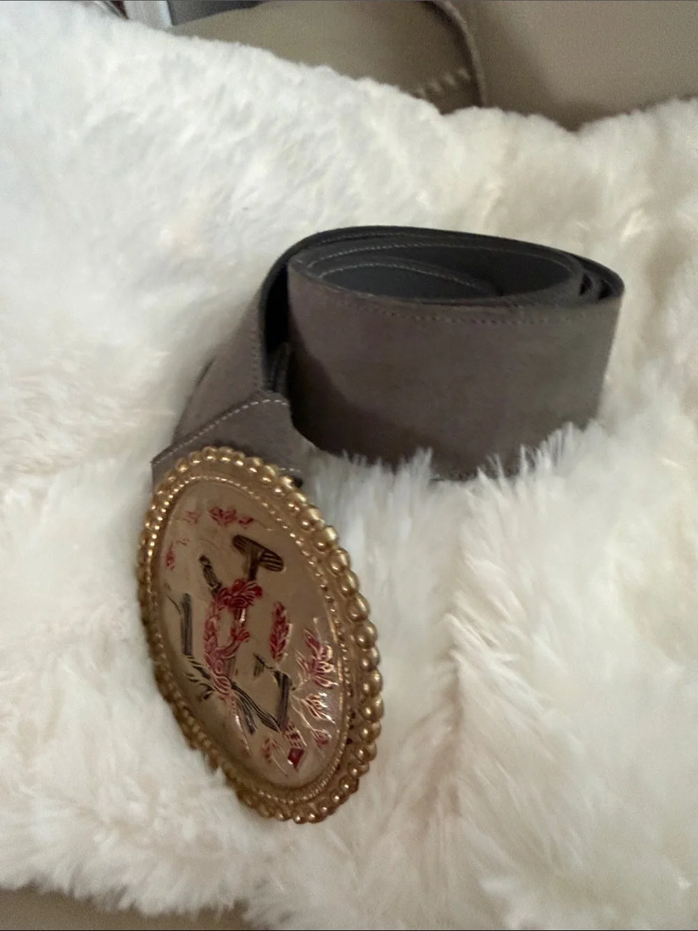 Southwestern-style belt gray suede intricate 